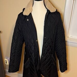 Tommy Hilfiger long womens jacket Small Quilted Black Hooded Zip Up